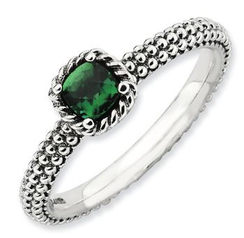 Picture of Antiqued Silver Ring Checker-Cut Created Emerald stones