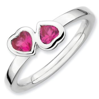 Picture of Silver Ring 2 Heart Created Ruby Stones