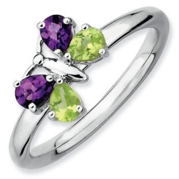 Picture of Silver Butterfly Ring, Peridot & Amethyst Stones