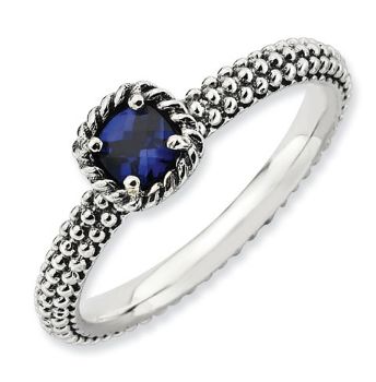 Picture of Silver Ring Checker-Cut Created Sapphire Stone