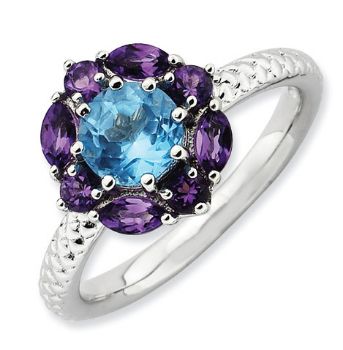 Picture of Silver Flower Ring Blue Topaz & Amethyst stones