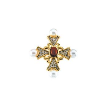 Picture of 14K Gold Cultured Pearl, Garnet & 1/2 CTW Diamond Cross Brooch/Pendant